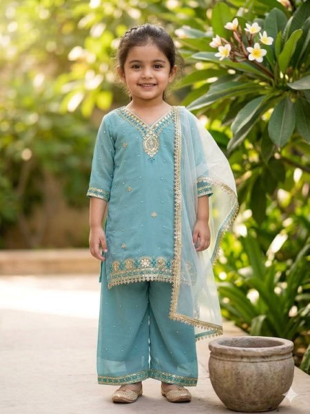Bohemian Sky Blue Girls Sharara Dress with Embroidery Work for Occasions Kurtis