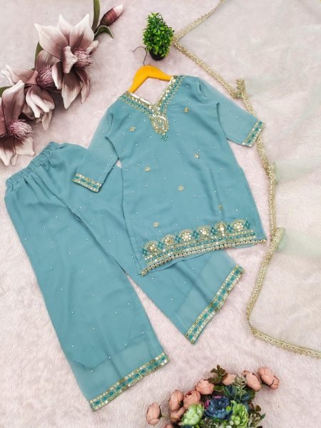 Bohemian Sky Blue Girls Sharara Dress with Embroidery Work for Occasions Girls Wear