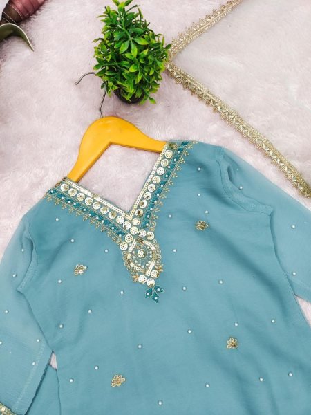 Bohemian Sky Blue Girls Sharara Dress with Embroidery Work for Occasions Girls Wear