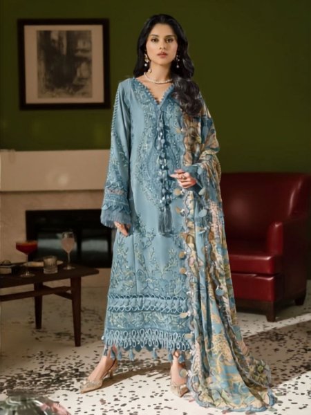 Bohemian Teal Blue Designer Pakistani Lawn Suit with Embroidered Cotton Top Salwar Kameez