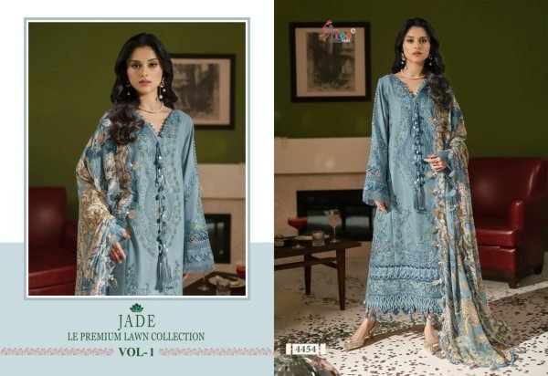 Bohemian Teal Blue Designer Pakistani Lawn Suit with Embroidered Cotton Top Pakistani Suits Wholesale