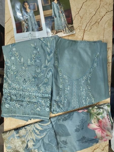Bohemian Teal Blue Designer Pakistani Lawn Suit with Embroidered Cotton Top Pakistani Suits Wholesale