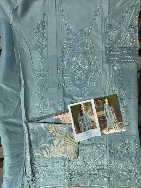 Bohemian Teal Blue Designer Pakistani Lawn Suit with Embroidered Cotton Top Pakistani Suits Wholesale