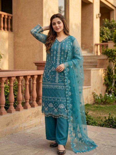 Bohemian Teal Blue Soft Net Suit Set with Heavy Pearl Handwork for Weddings Ready To Wear Suit