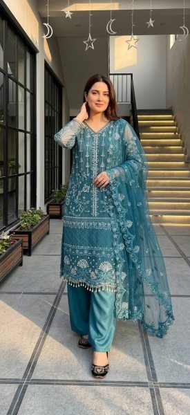 Bohemian Teal Blue Soft Net Suit Set with Heavy Pearl Handwork for Weddings Ready To Wear Collection