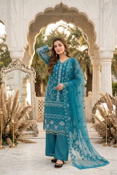 Bohemian Teal Blue Soft Net Suit Set with Heavy Pearl Handwork for Weddings Ready To Wear Collection