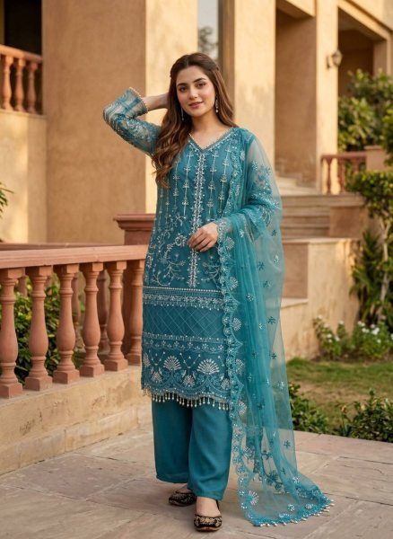Bohemian Teal Blue Soft Net Suit Set with Heavy Pearl Handwork for Weddings Ready To Wear Collection