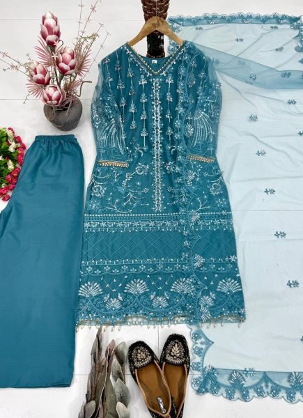 Bohemian Teal Blue Soft Net Suit Set with Heavy Pearl Handwork for Weddings Ready To Wear Collection