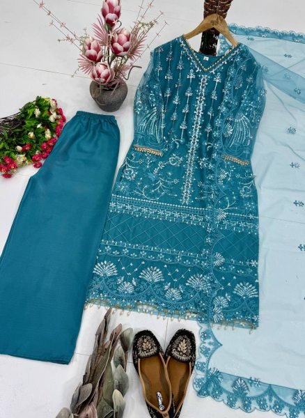 Bohemian Teal Blue Soft Net Suit Set with Heavy Pearl Handwork for Weddings Ready To Wear Collection