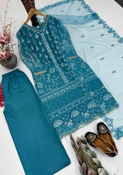 Bohemian Teal Blue Soft Net Suit Set with Heavy Pearl Handwork for Weddings Ready To Wear Collection