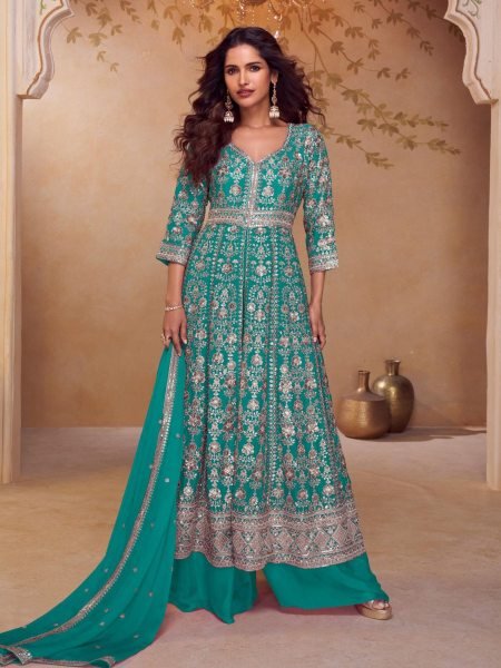 Bohemian Teal Green Real Chinon Kurti Palazzo Set with Rich Front and Back Embroidery 