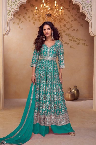 Bohemian Teal Green Real Chinon Kurti Palazzo Set with Rich Front and Back Embroidery Designer Plazzo Salwar Suits Wholesale