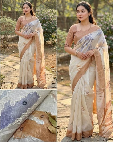 Bohemian White Brown Linen Saree with Position Digital Print and Hand Mirror Work at Wholesale Rate Linen Sarees Wholesale