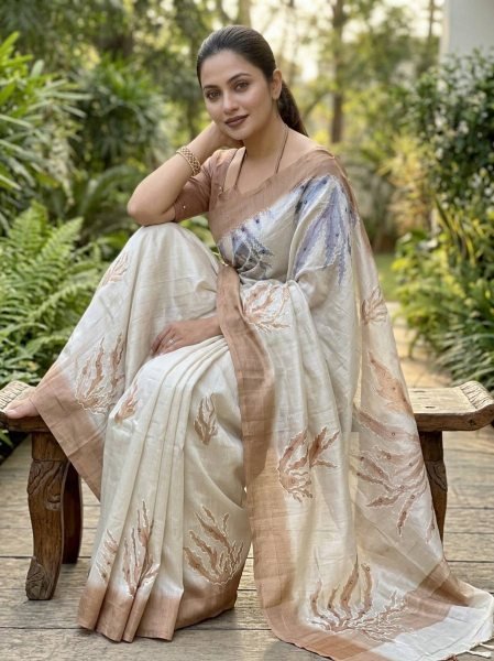 Bohemian White Brown Linen Saree with Position Digital Print and Hand Mirror Work at Wholesale Rate Linen Sarees Wholesale