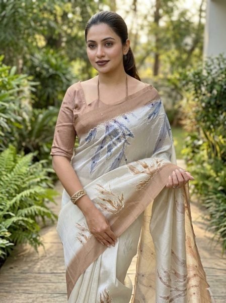 Bohemian White Brown Linen Saree with Position Digital Print and Hand Mirror Work at Wholesale Rate Linen Sarees Wholesale