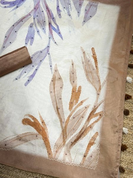 Bohemian White Brown Linen Saree with Position Digital Print and Hand Mirror Work at Wholesale Rate Linen Sarees Wholesale