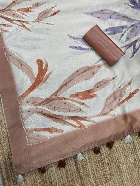 Bohemian White Brown Linen Saree with Position Digital Print and Hand Mirror Work at Wholesale Rate Linen Sarees Wholesale