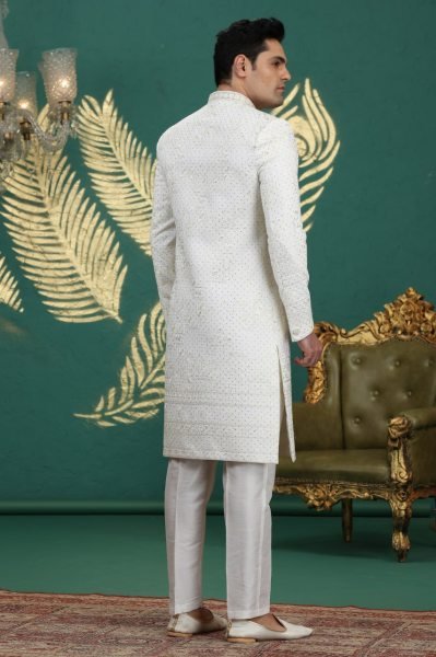 Bohemian White Elegant Banarasi Jacquard Kurta Pajama for Special Occasions Kurta Pajama Wholesale