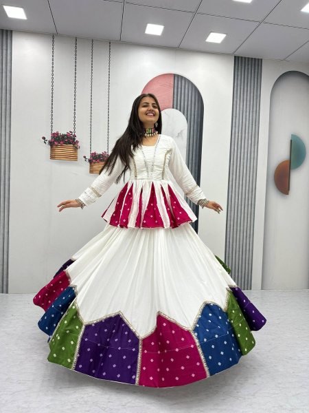 Bohemian White Elegant Navratri Pure Cotton Kediyu Lehenga Set for Navrati Collection   Lehenga