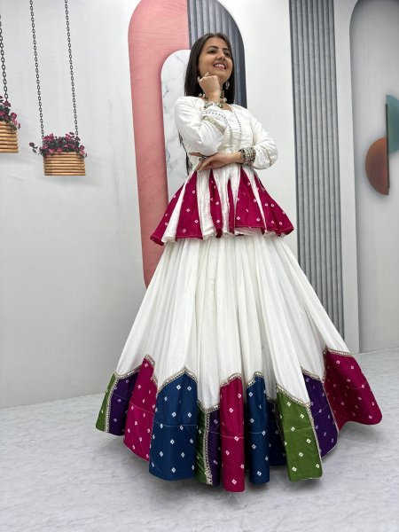 Bohemian White Elegant Navratri Pure Cotton Kediyu Lehenga Set for Navrati Collection  Navratri Lehnega Choli
