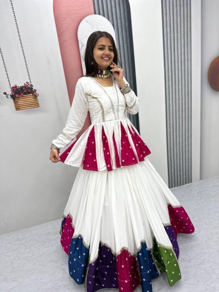 Bohemian White Elegant Navratri Pure Cotton Kediyu Lehenga Set for Navrati Collection  Navratri Lehnega Choli
