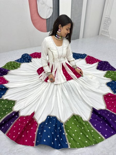Bohemian White Elegant Navratri Pure Cotton Kediyu Lehenga Set for Navrati Collection  Navratri Lehnega Choli