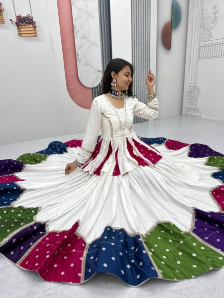 Bohemian White Elegant Navratri Pure Cotton Kediyu Lehenga Set for Navrati Collection  Navratri Lehnega Choli