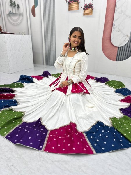 Bohemian White Elegant Navratri Pure Cotton Kediyu Lehenga Set for Navrati Collection  Navratri Lehnega Choli