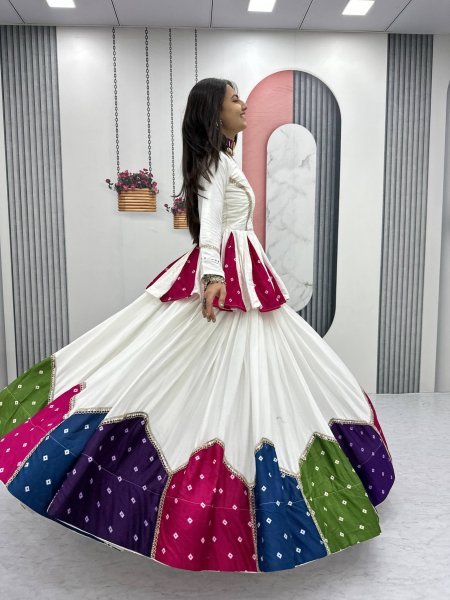Bohemian White Elegant Navratri Pure Cotton Kediyu Lehenga Set for Navrati Collection  Navratri Lehnega Choli