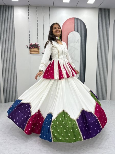 Bohemian White Elegant Navratri Pure Cotton Kediyu Lehenga Set for Navrati Collection  Navratri Lehnega Choli