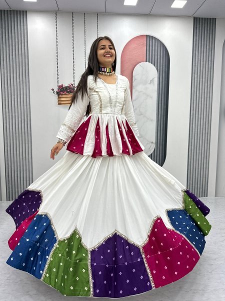 Bohemian White Elegant Navratri Pure Cotton Kediyu Lehenga Set for Navrati Collection  Navratri Lehnega Choli