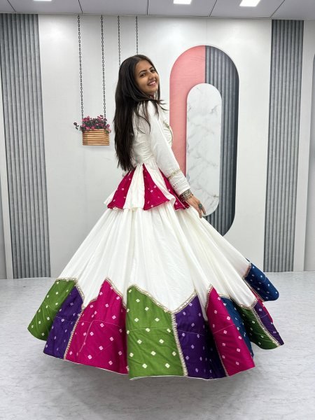 Bohemian White Elegant Navratri Pure Cotton Kediyu Lehenga Set for Navrati Collection  Navratri Lehnega Choli