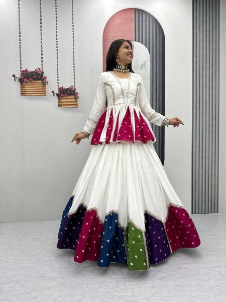 Bohemian White Elegant Navratri Pure Cotton Kediyu Lehenga Set for Navrati Collection  Navratri Lehnega Choli