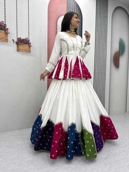 Bohemian White Elegant Navratri Pure Cotton Kediyu Lehenga Set for Navrati Collection  Navratri Lehnega Choli