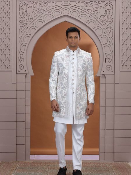 Bohemian White Ethnic Suit Set with Premium Embroidery Finish Look For Party Wear Mens Wear