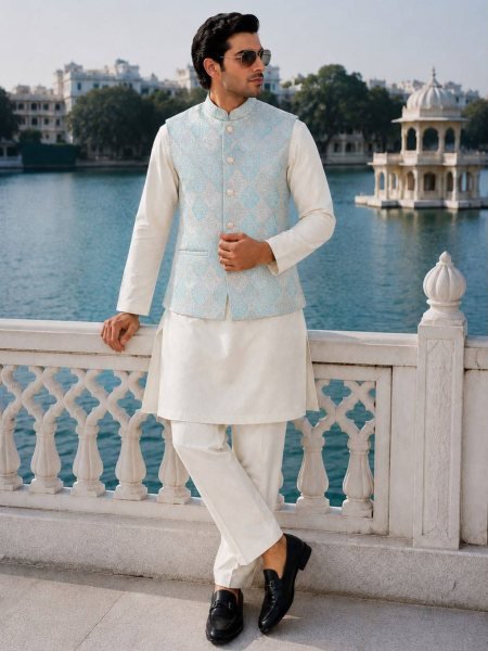 Bohemian White Premium Men's Festival Wear Kurta Pant with Jacquard Koti 