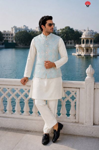 Bohemian White Premium Men's Festival Wear Kurta Pant with Jacquard Koti Kurta Pajama Wholesale