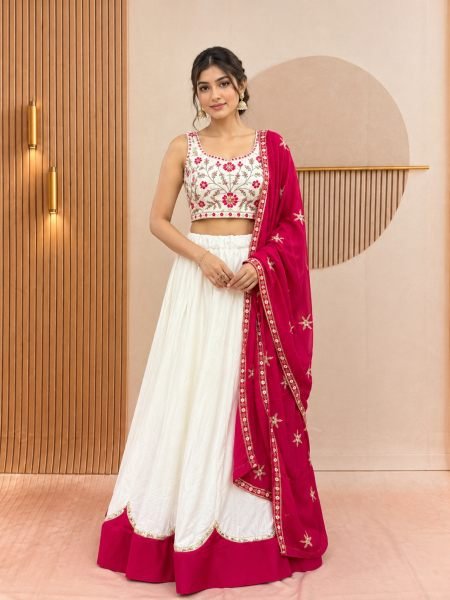 Bohemian White Pure Cotton Lehenga Choli with Sequence Lace and Embroidery Work  Lehenga