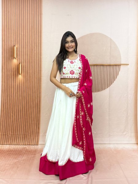 Bohemian White Pure Cotton Lehenga Choli with Sequence Lace and Embroidery Work Navratri Lehnega Choli