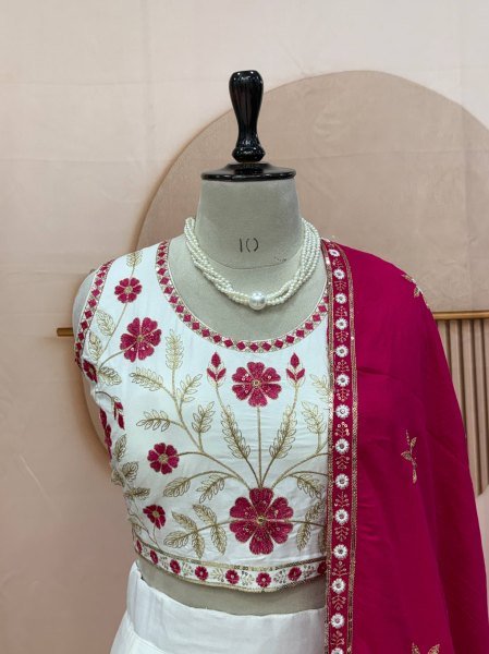 Bohemian White Pure Cotton Lehenga Choli with Sequence Lace and Embroidery Work Navratri Lehnega Choli