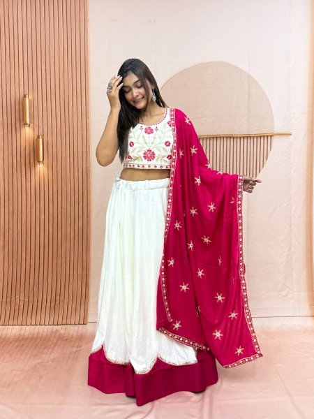 Bohemian White Pure Cotton Lehenga Choli with Sequence Lace and Embroidery Work Navratri Lehnega Choli