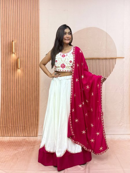 Bohemian White Pure Cotton Lehenga Choli with Sequence Lace and Embroidery Work Navratri Lehnega Choli