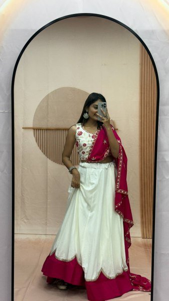 Bohemian White Pure Cotton Lehenga Choli with Sequence Lace and Embroidery Work Navratri Lehnega Choli