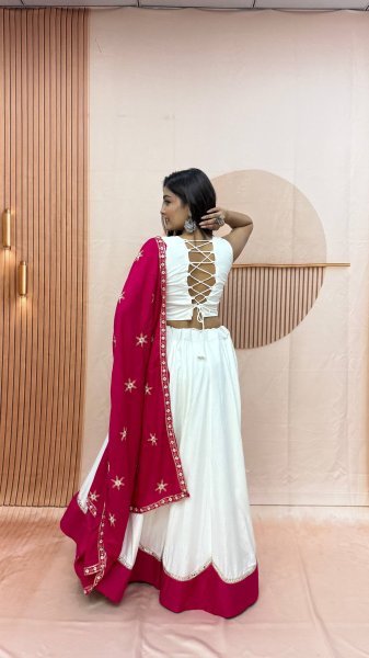 Bohemian White Pure Cotton Lehenga Choli with Sequence Lace and Embroidery Work Navratri Lehnega Choli