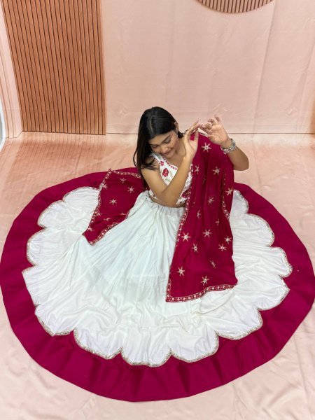 Bohemian White Pure Cotton Lehenga Choli with Sequence Lace and Embroidery Work Navratri Lehnega Choli