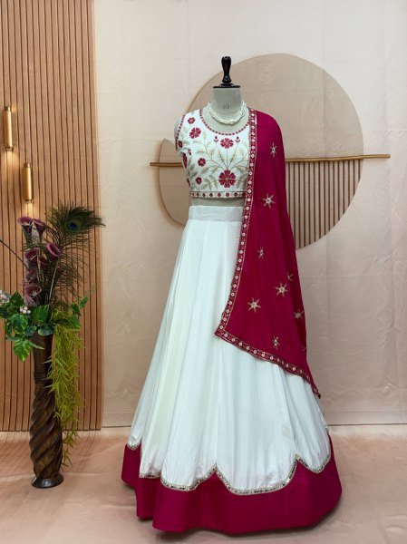 Bohemian White Pure Cotton Lehenga Choli with Sequence Lace and Embroidery Work Navratri Lehnega Choli