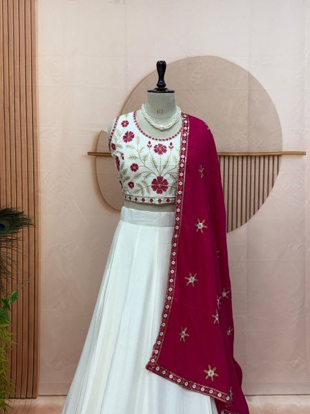 Bohemian White Pure Cotton Lehenga Choli with Sequence Lace and Embroidery Work Navratri Lehnega Choli
