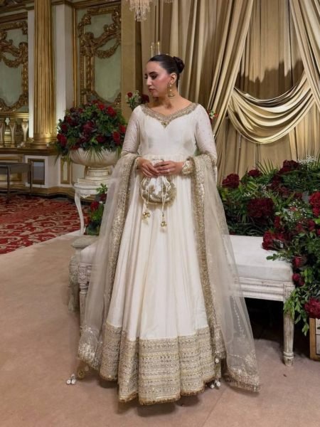 Bohemian White Vichitra Anarkali with 3 5 Meter Flair and Embroidered Dupatta at Wholesale Rate Ready To Wear Suit