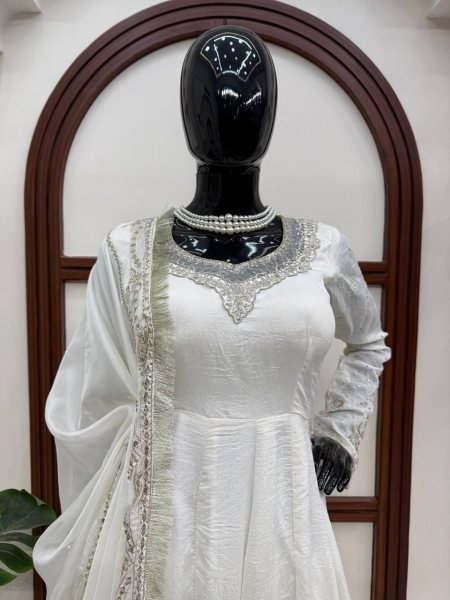 Bohemian White Vichitra Anarkali with 3 5 Meter Flair and Embroidered Dupatta at Wholesale Rate Ready To Wear Collection
