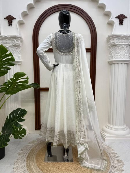 Bohemian White Vichitra Anarkali with 3 5 Meter Flair and Embroidered Dupatta at Wholesale Rate Ready To Wear Collection